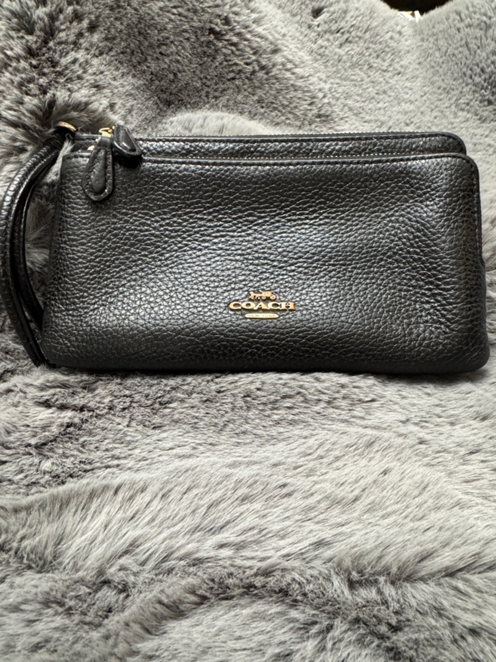 Coach Black Pebbled Leather Wristlet with Gold Accent